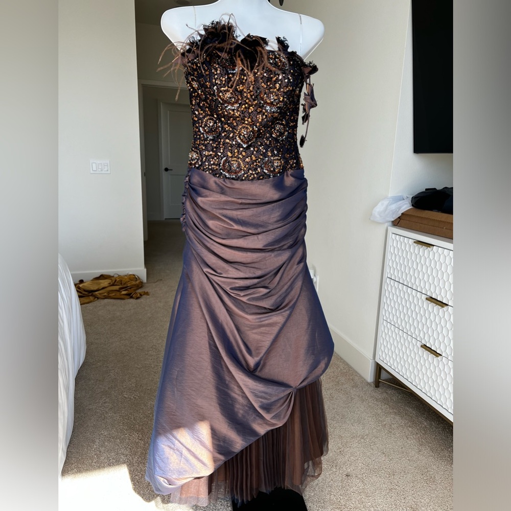 Bronze Sequin Sleeveless Maxi Dress with Flower Attachment and Shawl-Size 4